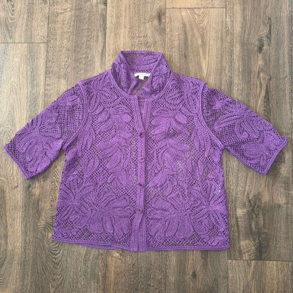 Chico's Women's Size M Purple Crochet Shirt Short Sleeve Top Retro Cottagecore
